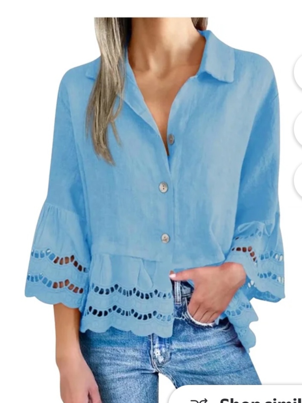 Tracy Reese ( Pienty Sky Blue Button-Front Eyelet Hem Blouse